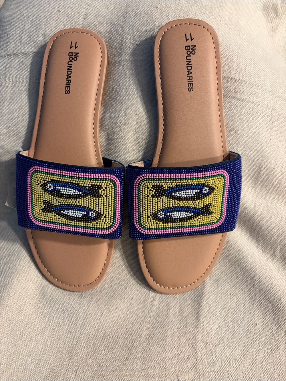No Boundaries Beaded Slide Sandals in Tan and Purple with Fish Motif